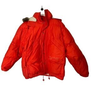 Vintage Brambilla France Red Down Coat, Fur Trim, Graphic Embroidery, L